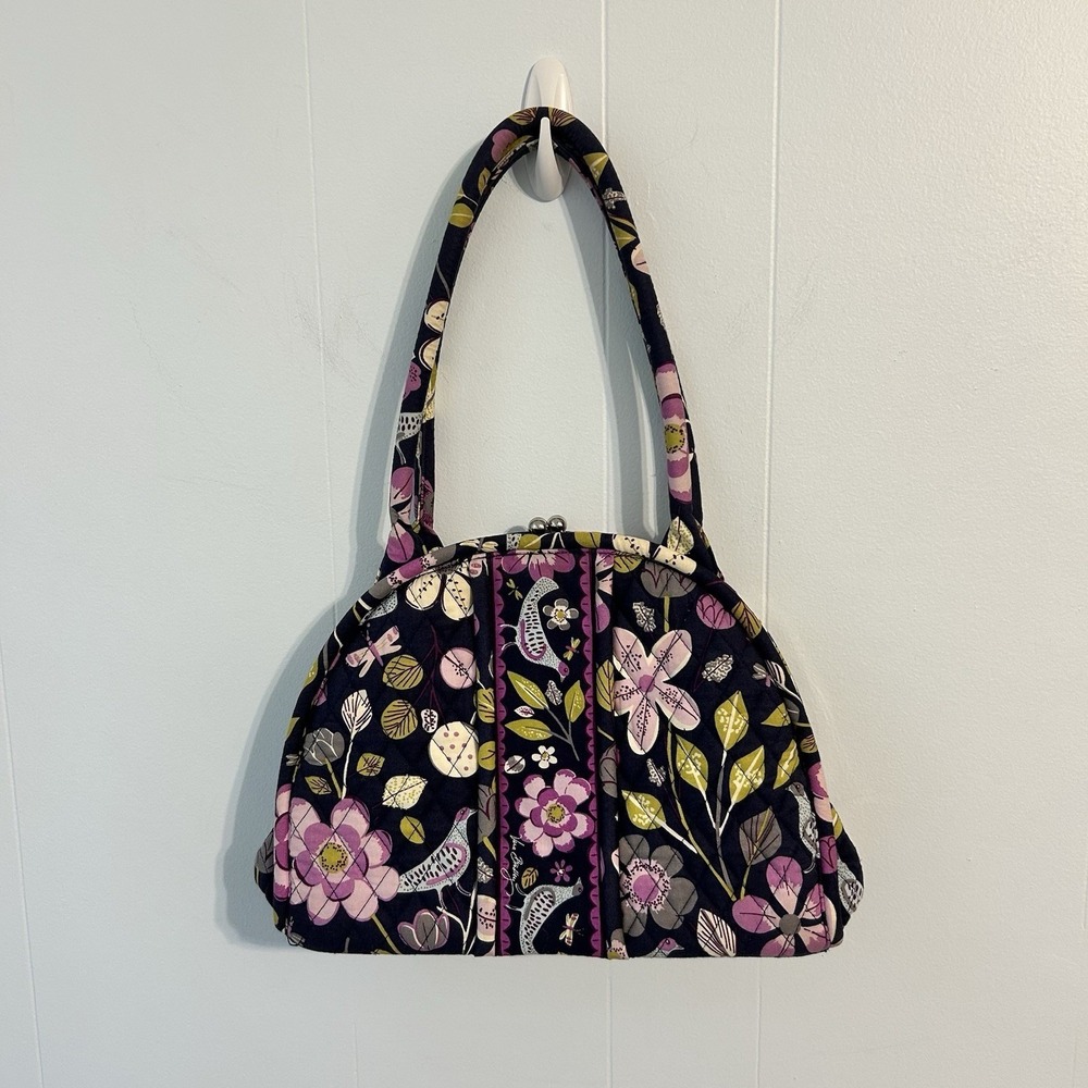 Vera Bradley Night Owl Quilted Cotton Kiss Lock Frame Shoulder Bag Floral Bird - Picture 2 of 12